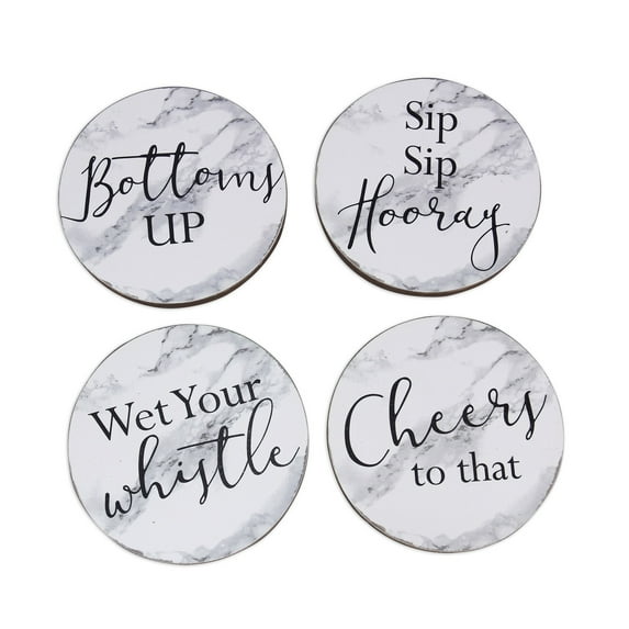 Bottoms Up Cheers Sip Sip Wet Your Whistle Drink Coasters 4 pc Set Wood and Cork