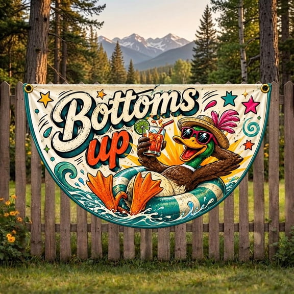 Bottoms Up Fence Flag, Custom Name Duck Pool Party Banner, Summer Lakehouse Outdoor Decor, Retro Drinking Garden Flag, Vacation Fence Decor