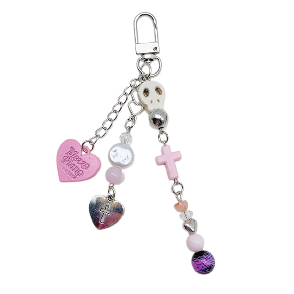 Bottone Beaded Pendant Keychain Goth Style Keychain Sku11 Heart Cross Shaped Keyring Accessory for Fashionable Individuals
