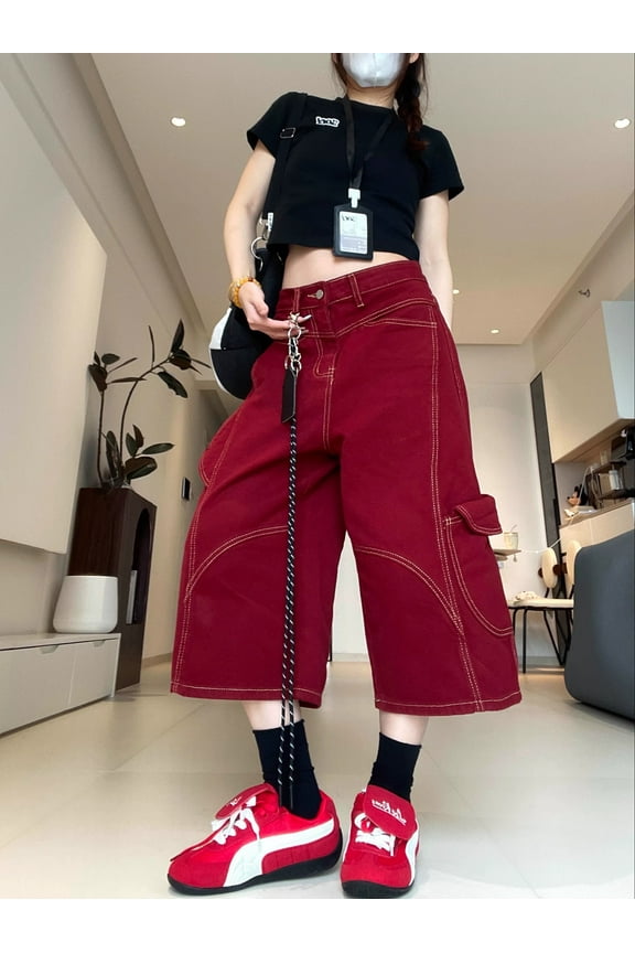 Botvotee Burgundy Calf Jeans for Women High Waisted Wide Leg Baggy Cargo Denim Shorts 2000s Y2k Vintage Streetwear Short Jeans