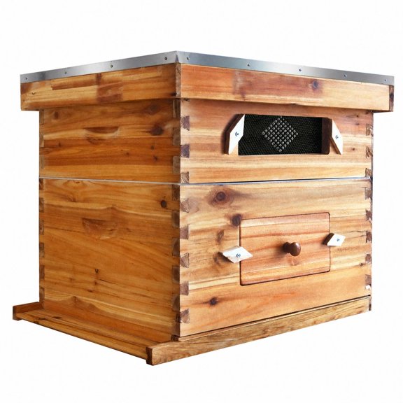 BouPower 10-Frame Langstroth Complete Beehive Starter Kit for Beginners, 100% Beeswax Coated Bee Hive with 1 Deep Box & 1 Super Box with Acrylic View Window, Backyard Beekeeping Supply