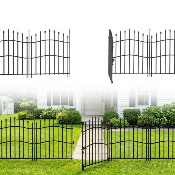 BouPower 10-Panel No-Dig Decorative Garden Fence with a Door, 32in x 22ft, Rustproof Metal