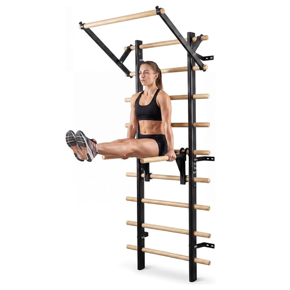 BouPower 10-Rung Swedish Ladder Wall Gym Adult, Wall-Mounted Stall Bars with Pull Up Bar and Dip Bars, 440 lbs Capacity, Home Gymnastics Equipment