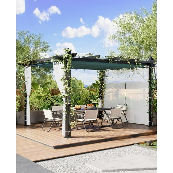BouPower 10x10/10x13 Ft Outdoor Aluminum Pergola, Heavy-Duty Woodgrain Patio Pergola with Retractable Canopy Sun Shade & Side Mesh Curtain, Metal Gazebo for Existing Deck Backyard Garden, Blue