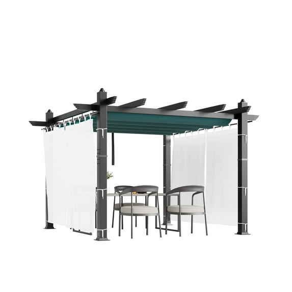 BouPower 10x10/10x13 Ft Outdoor Aluminum Pergola, Heavy-Duty Woodgrain Patio Pergola with Retractable Canopy Sun Shade & Side Mesh Curtain, Metal Gazebo for Existing Deck Backyard Garden, Blue