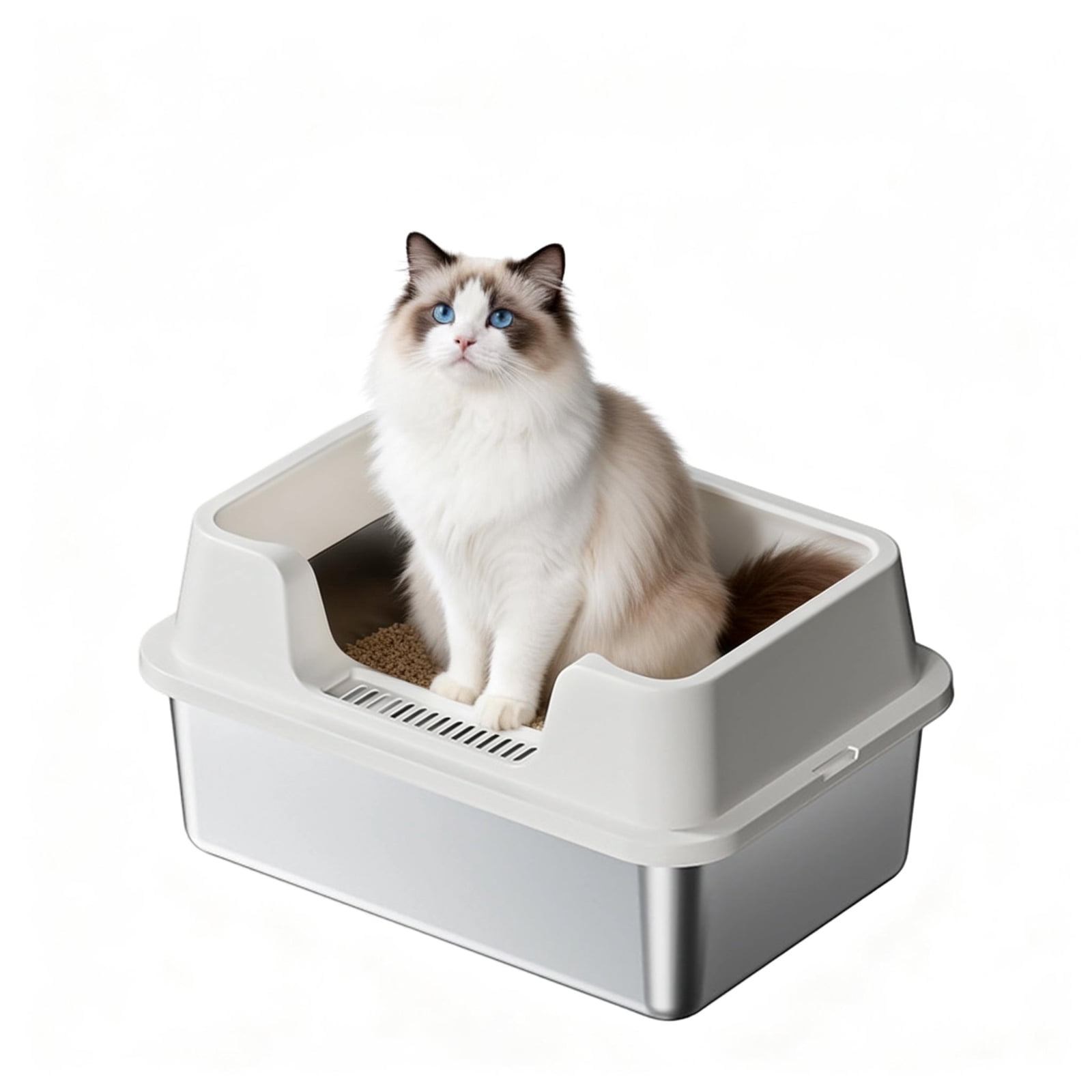 BouPower 12" Tall Extra Large Stainless Steel Cat Litter Box with Lid, High‑Sided Anti‑Urine Leakage Non‑Stick Metal Litter Pan with Scoop & Litter Mat for Big Multi‑Cats & Small Pets