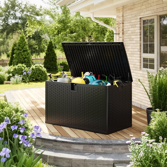 BouPower 120 Gallon Deck Box Organizer,Waterproof Lockable Storage Container,Large Resin Outdoor Storage and Seating,Weather-Resistant Deck Box for Garden,Pool,Patio