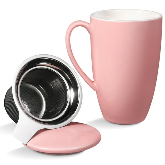 BouPower 16 OZ Porcelain Tea Mug with Infuser and Lid,Large Leaf Tea Cup,Gifts for Tea Lover,Ceramic Tea Mug with Stainless Steel Filter