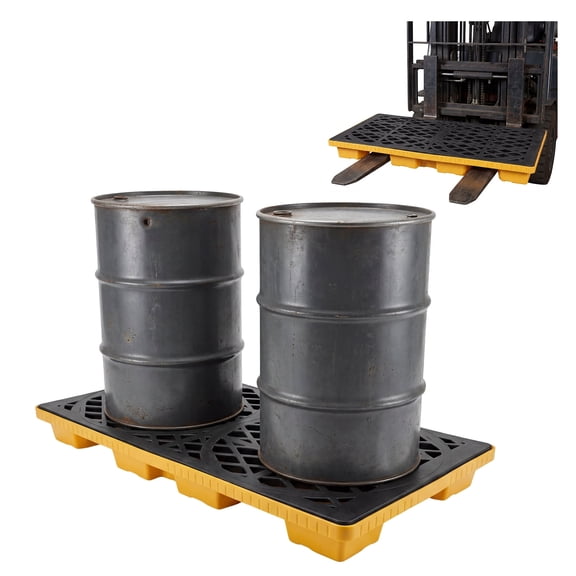 BouPower 2-Drum Spill Pallet, 2000 Lbs Capacity, Heavy-Duty HDPE Forkliftable Modular Spill Containment Tray, 48x24x4 Inch, For Industrial Oil Spills