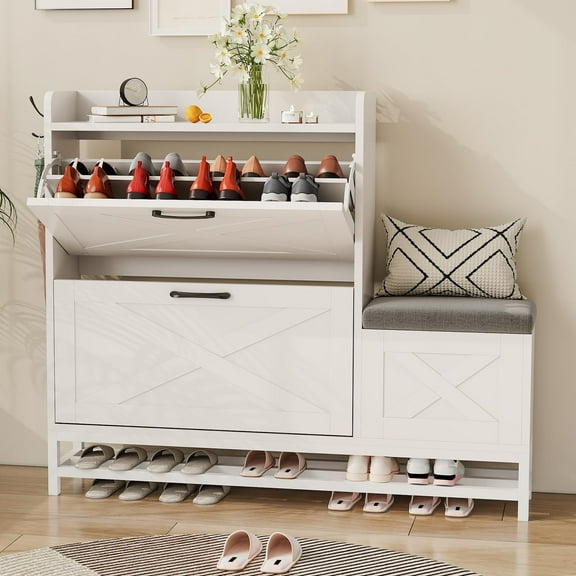 BouPower 2 Flip Drawers Shoe Cabinet with Bench, Freestanding Shoe Organizer with Double Layer Metal Legs, Narrow Shoe Rack Cabinet, Shoe Storage Cabinet for Entryway, Foyer, Hallway, White