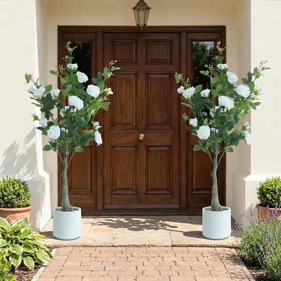 BouPower 2 Pack 4ft Artificial Rose Trees In White Pots UV Resistant Indoor Outdoor Faux Silk Flower