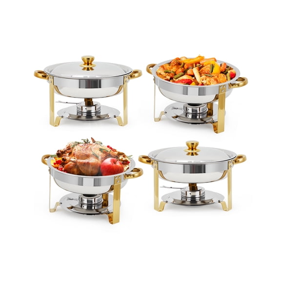BouPower 2 Pack 5QT Round Chafing Dishes, Gold Finish Heavy Duty Stainless Steel Food Warmers with Lid, Stand and Fuel Holder, Complete Set for Wedding, Banquet, Party & Catering