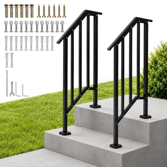 BouPower 2-Pack Steel Handrails for 2-Step Stairs, Black Outdoor Railing Kit with 13.5" Curved Ends & Safety Balusters, for Porch, Deck & Indoor Use