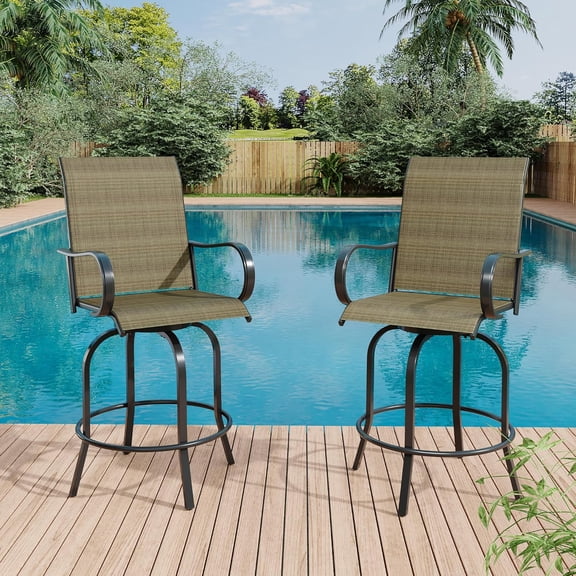 BouPower 2 Piece Outdoor Swivel Bar Stools Set, 27.5 Inch Bar Height Patio Chairs with 360° Rotation, High Back, Armrests and Textilene Seat for Deck, Porch, Poolside, Backyard