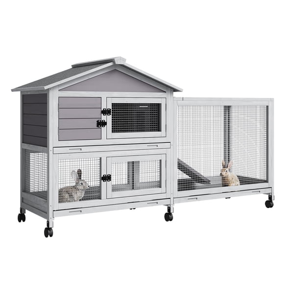 BouPower 2-Tier Rabbit & Chicken House with Wheel, Weatherproof Outdoor/Indoor Pet Cage with Non-Slip Ramp, 4 Access Doors & Pull-Out Tray for Rabbits, Guinea Pigs, Ferrets