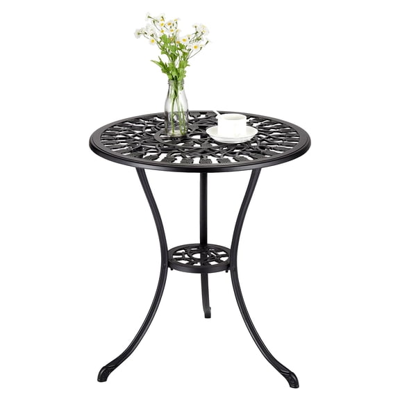 BouPower 23 Inch Round Cast Aluminum Patio Bistro Table With Umbrella Hole Vintage Floral Tulip Pattern All Weather Outdoor Side Table For Garden Porch Backyard Poolside