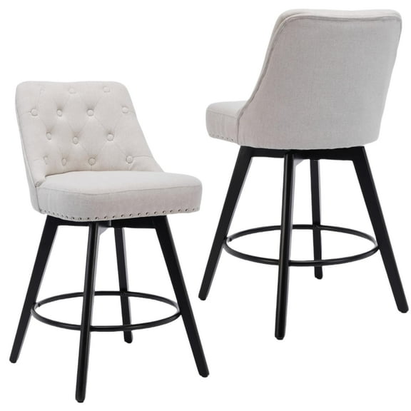 BouPower 26" H Swivel Bar Stools with Back, Counter Height Bar Stools Set of 2, Linen Fabric Upholstered Barstools Modern Counter Stool with Wood Legs for Kitchen Island Dining Room, Grey/Beige/Brown