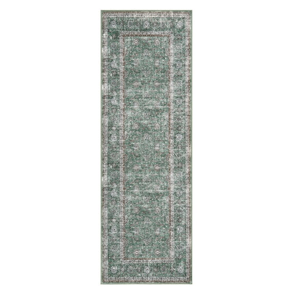BouPower 2x6Ft Machine Washable Area Rug, Boho Vintage Distress Floral Rug for Living Room, Low Pile Bedroom Rugs, Thin Lightweight Print Pattern Carpet for Dining Room