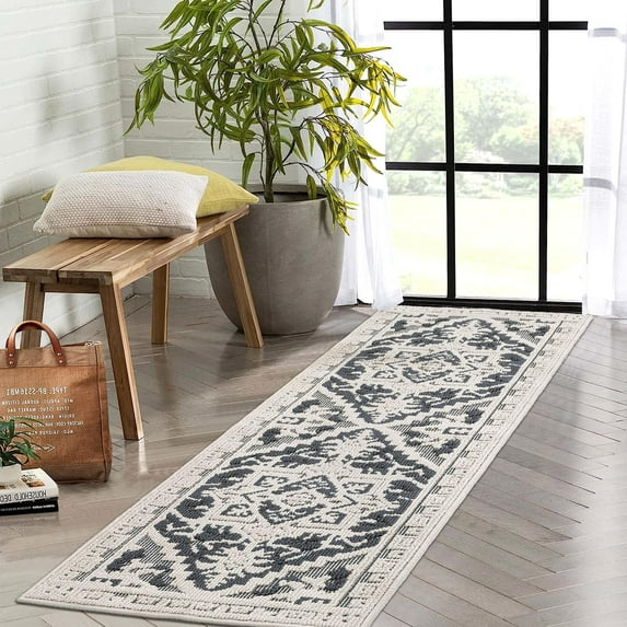 BouPower 2x6Ft Machine Washable Vintage Area Rug, Non Slip Living Room Rug, Stain Resistant Bedroom Carpet, Medallion Floral Textured Distressed Low Pile Floor Cover for  Dining Room
