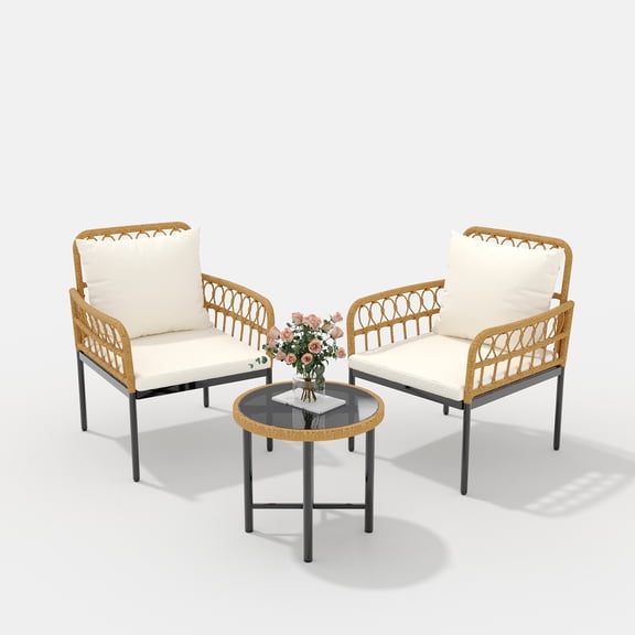 BouPower 3 Pieces Patio Furniture Set,PE Rattan Wicker 3 Pcs Outdoor Sofa Set w/Washable Cushion and Tempered Glass Tabletop,Conversation Furniture for Garden Poolside Balcony