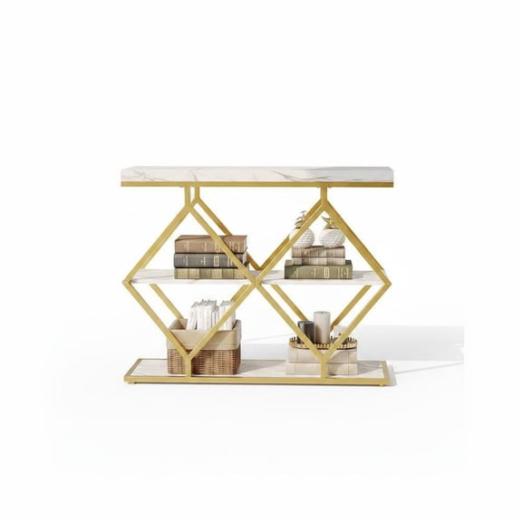 BouPower 3-Tier Narrow Farmhouse Industrial Console Table, Geometric Metal Frame Sofa Entryway Table with Open Storage Shelves for Hallway Foyer Living Room