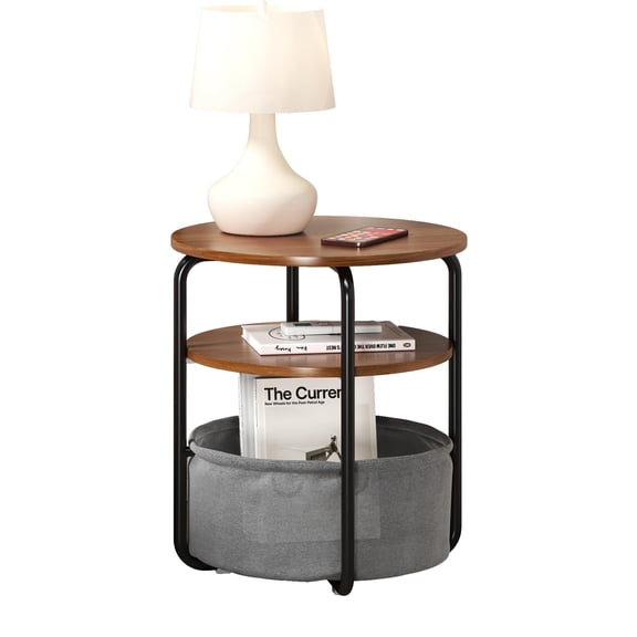 BouPower 3-Tier Small Round Side Table with Storage Bag, 23.6" H Vintage Accent End Table, Multi-Functional Nightstand Sofa Corner Table for Living Room Bedroom Patio Nursery Bathroom