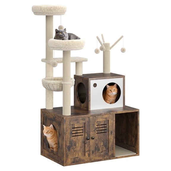 BouPower 3-in-1 Wooden Cat Tree Litter Box Enclosure, Hidden Pet Washroom Tower with Sisal Scratching Post, Condo, Hammock & Soft Plush Perch Platforms