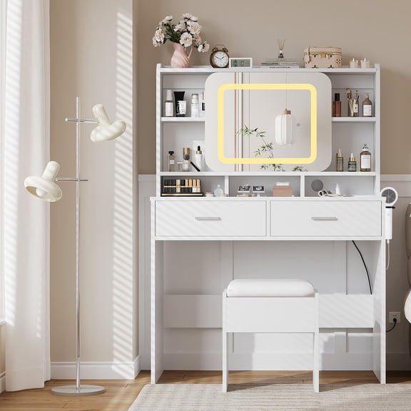 BouPower 40" Vanity Table and Chair Set with LED Lighted Mirror, Modern Makeup Vanity Desk with 2 Drawers, Storage Shelves & Charging Station, White Vanity Set with Stool for Bedroom Women & Girls