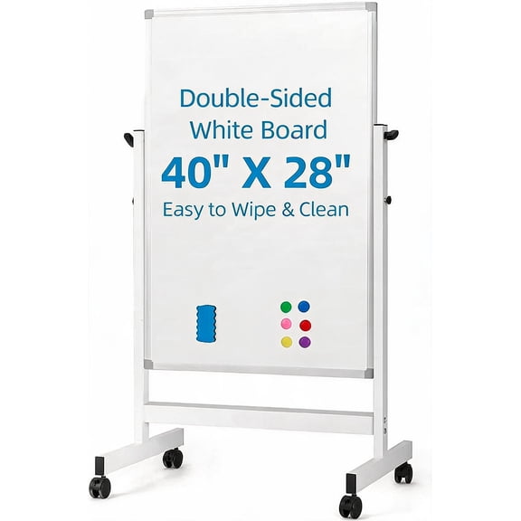 BouPower 40"x28" Double Sided Magnetic Whiteboard on Wheels, Height Adjustable Mobile Dry Erase Board with Stand for Office Classroom Home
