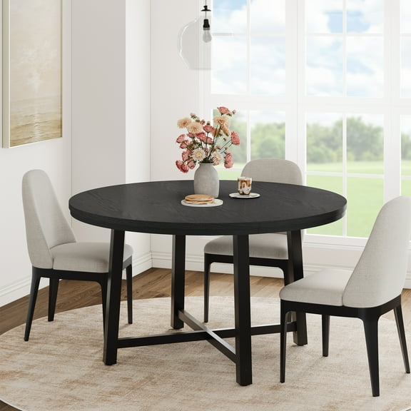 BouPower 47" Round Dining Table for 4, Modern Industrial Kitchen Table with Thick Tabletop & Sturdy Metal Base, Space-Saving Wooden Kitchen and Dining Room Furniture