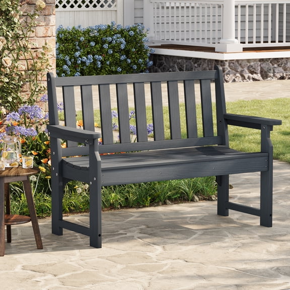 BouPower 48 Inch Poly Lumber Outdoor Bench for 2, Weather Resistant Patio Garden Bench with Slatted Back and Seat, 800 Lb Capacity Porch Bench for Lawn, Backyard, Front Porch, Deck