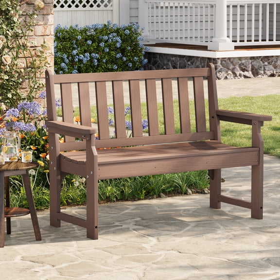BouPower 48 Inch Poly Lumber Outdoor Bench for 2, Weather Resistant Patio Garden Bench with Slatted Back and Seat, 800 Lb Capacity Porch Bench for Lawn, Backyard, Front Porch, Deck