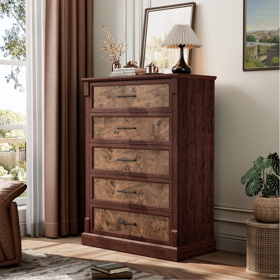 BouPower 5 Drawer Dresser for Bedroom, Farmhouse Tall Chest of Drawers with Deep Wooden Storage Drawers and Metal Handles, Rustic Vertical Dresser Organizer for Bedroom, Living Room, Entryway and Hal