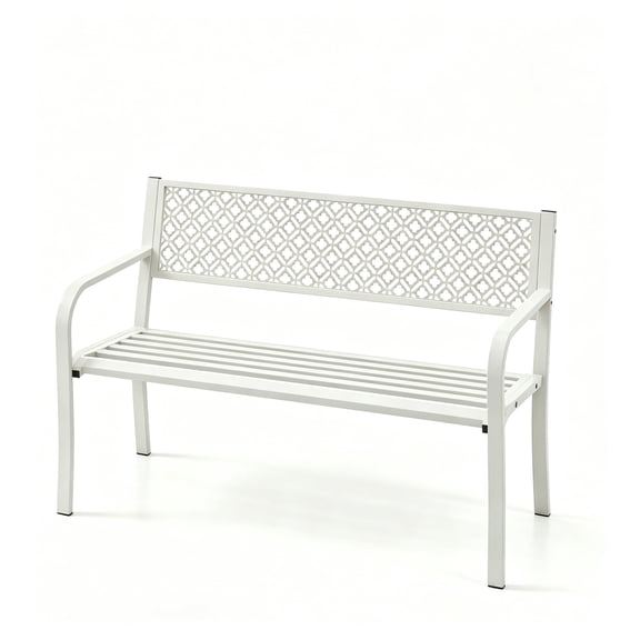 BouPower 50 Inch Steel Outdoor Patio Bench for 2 Adults, Weather Resistant Metal Garden Bench with Geometric Backrest and Slatted Seat, 790 Lb Capacity for Porch, Deck, Yard, Entryway, Backyard