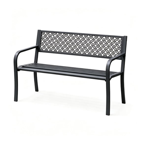 BouPower 50 Inch Steel Outdoor Patio Bench for 2 Adults, Weather Resistant Metal Garden Bench with Geometric Backrest and Slatted Seat, 790 Lb Capacity for Porch, Deck, Yard, Entryway, Backyard