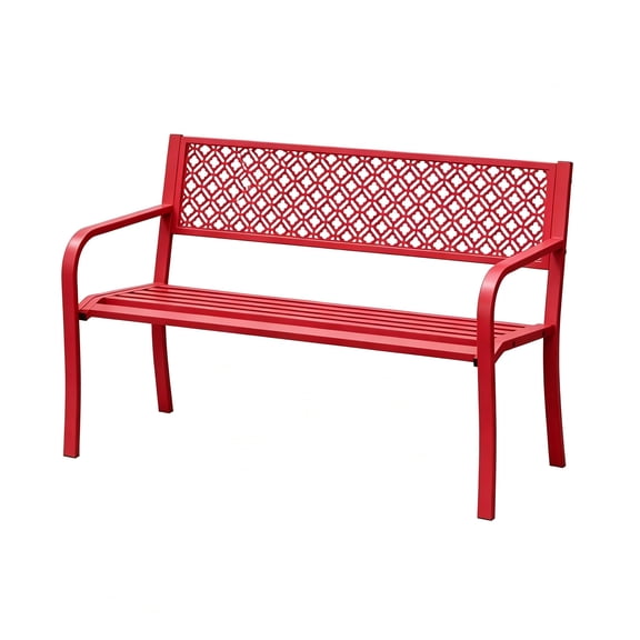 BouPower 50 Inch Steel Outdoor Patio Bench for 2 Adults, Weather Resistant Metal Garden Bench with Geometric Backrest and Slatted Seat, 790 Lb Capacity for Porch, Deck, Yard, Entryway, Backyard