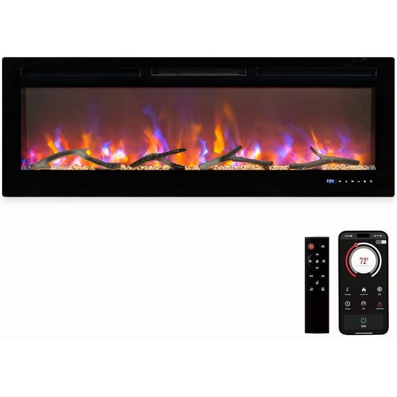 BouPower 50" Smart Electric Fireplace, Recessed & Wall Mounted Linear Heater, WiFi Alexa Control, 12 Adjustable LED Flame Colors, 750W/1500W with Remote & Timer, Low Noise