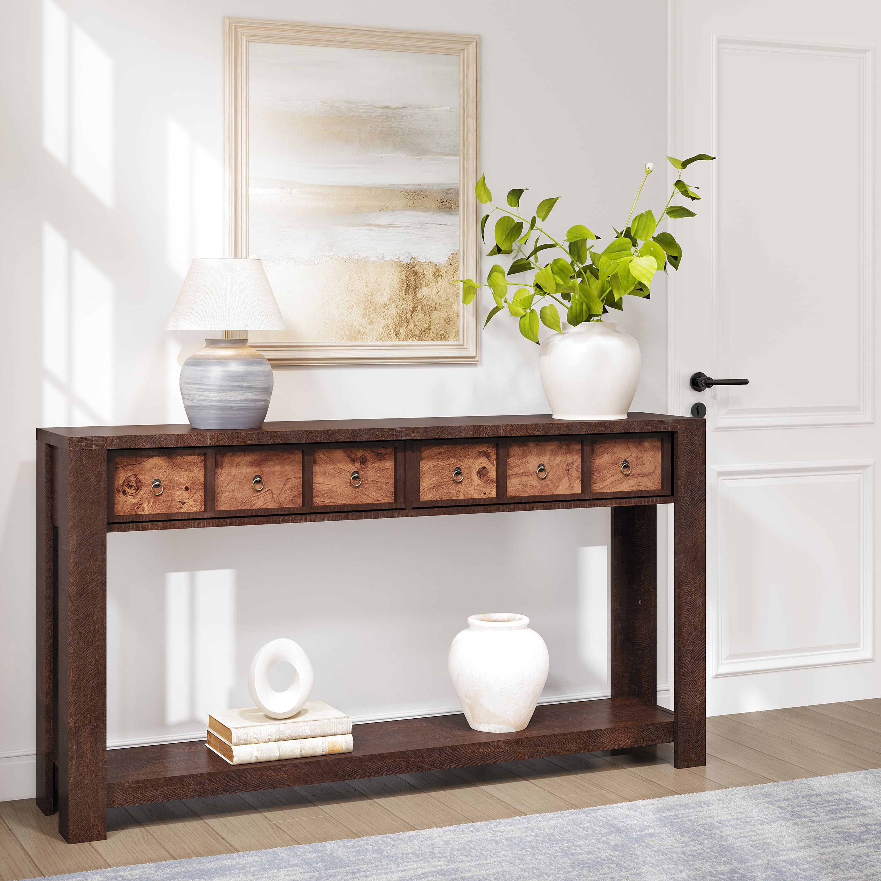 BouPower 54" Console Tables for Entryway,Long Console Tables for Living Room,Behind Couch Table,Sturdy Wood Support Farmhouse Entryway Table with 2 Drawers & Open Storage Shelf