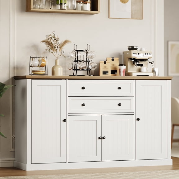 BouPower 58" Farmhouse Sideboard Buffet Cabinet, 4 Grooved Barn Doors & 2 Drawers, Adjustable Shelves, Coffee Bar Storage Unit for Kitchen, Dining Room, Entryway, 100-Lb Tabletop