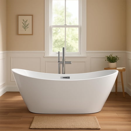 BouPower 59"/67" Acrylic Freestanding Bathtub, Deep Soaking Tub with Non-Slip Base, CUPC Certified Free Standing Tub, Chrome Drain Modern Bath Tub for Bathrooms, Ergonomic Design, White, 3 Styles