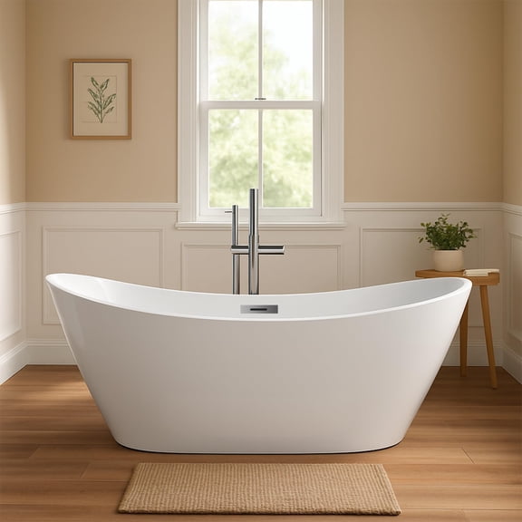 BouPower 59"/67" Acrylic Freestanding Bathtub, Deep Soaking Tub with Non-Slip Base, CUPC Certified Free Standing Tub, Chrome Drain Modern Bath Tub for Bathrooms, Ergonomic Design, White, 3 Styles