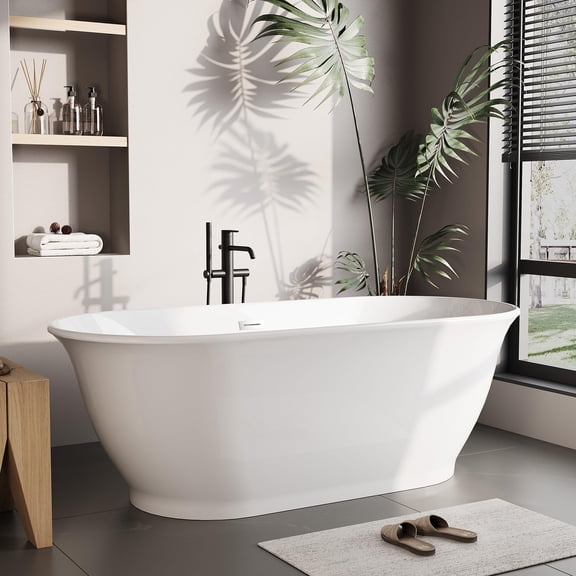 BouPower 59/67 Inch Acrylic Soaking Bathtub, Modern Square Design, Deep Ergonomic Tub with Matte Drain & Black Overflow, Double-Walled Insulation, Glossy White, CUPC Certified