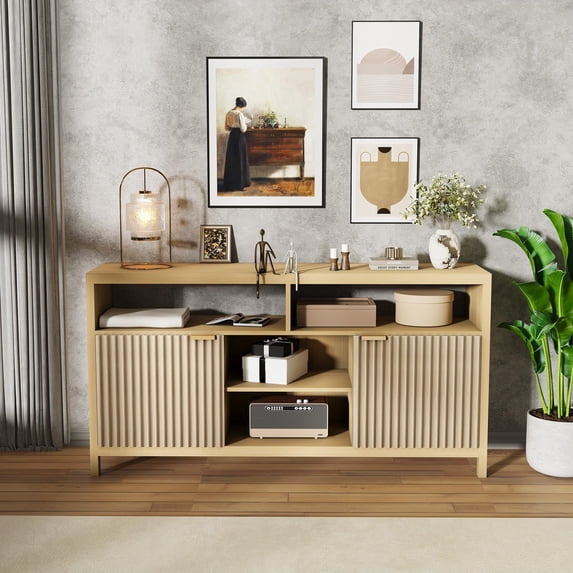 BouPower 59" Wide Modern Fluted TV Stand, Farmhouse Entertainment Center with Storage Wood Media Console Table with Open Shelves, Sideboard Buffet Storage Cabinet for Living Room, Bedroom