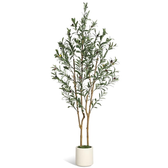BouPower 5FT Artificial Olive Tree Indoor, Faux Silk Plant with Natural Wood Trunk and Lifelike Fruits, Black Imitation Ceramic Planter with Green Fake Moss for Modern Home Office Living Room Decor