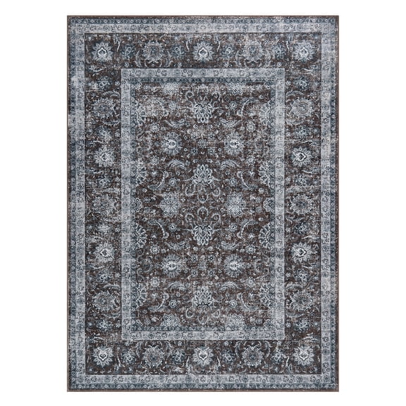 BouPower 5x7Ft Machine Washable Area Rug, Boho Vintage Distress Floral Rug for Living Room, Low Pile Bedroom Rugs, Thin Lightweight Print Pattern Carpet for Dining Room