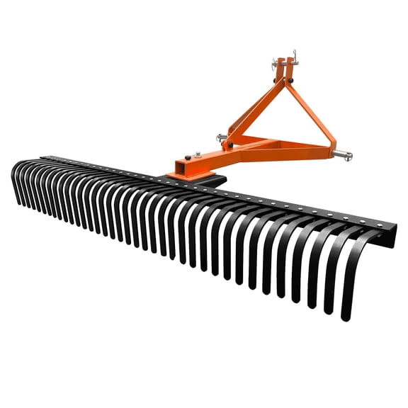 BouPower 6 FT Landscape Rake, 3 Point Rock Rake with 37 Heavy-Duty Steel Tines, 360° Rotation, Tow-Behind Tractor Attachment for CAT 1 & 2