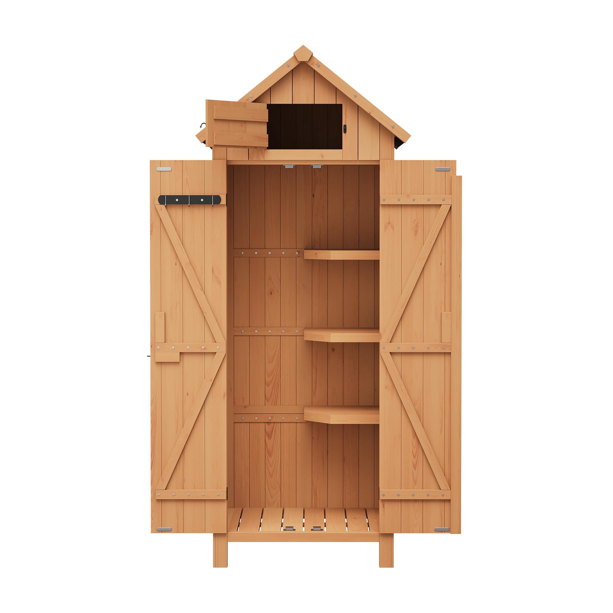 BouPower 63"/70" Waterproof Wooden Outdoor Storage Shed – Vertical Garden Cabinet with 3 Shelves, Lockable Door & Roof Storage, Space-Saving Design for Patio, Yard, or Lawn