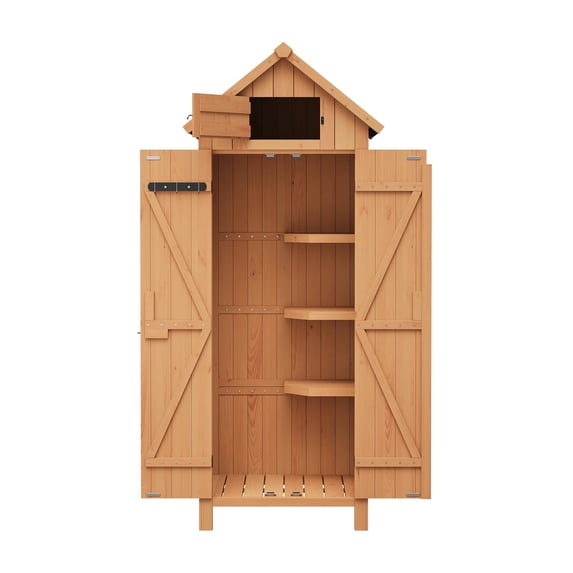 BouPower 63"/70" Waterproof Wooden Outdoor Storage Shed – Vertical Garden Cabinet with 3 Shelves, Lockable Door & Roof Storage, Space-Saving Design for Patio, Yard, or Lawn