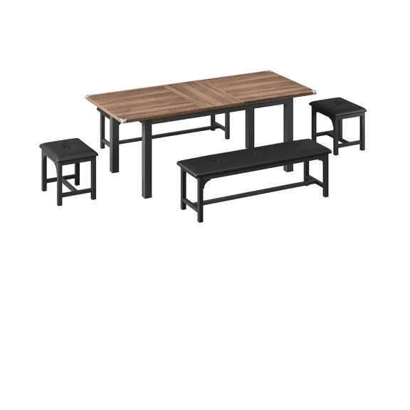 BouPower 63" Extendable Dining Table Set for 4-6, Large Rectangular Kitchen Table with 2 Benches, Easy Assembly, Space-Saving for Dining Room