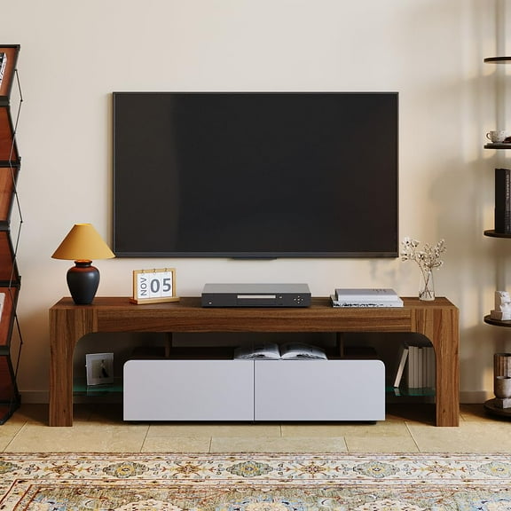 BouPower 63 Inch TV Stand for Living Room, Modern TV Cabinet Entertainment Center Media with Storage & 2 Drawers, TV Console Up to 70 Inch TV with Open Shelf, Remote Control 16 Color LED Lights